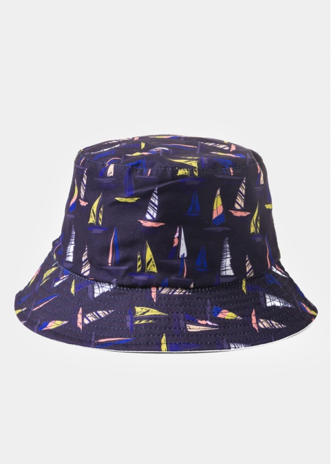 Double-Faced Bucket Hat Boats Pattern & White