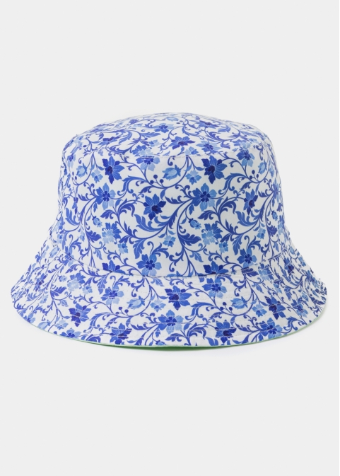 Double-Faced Bucket Hat Blue Flowers Pattern & Mint