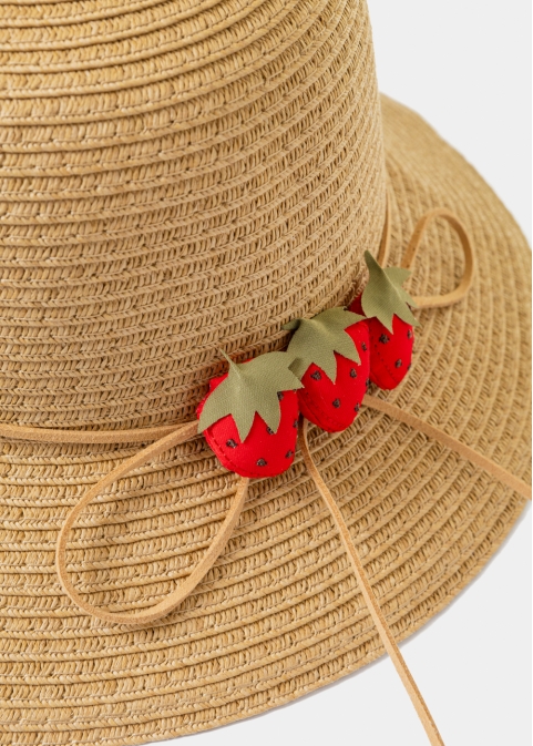 Brown Kids Straw Hat w/ Strawberries