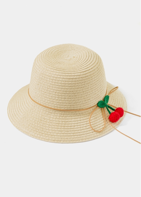 Beige Kids Straw Hat w/ Cherries