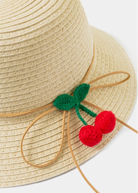 Beige Kids Straw Hat w/ Cherries
