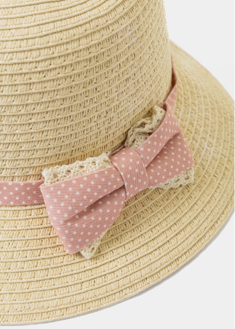 Beige Kids Straw Hat w/ Pink Bow