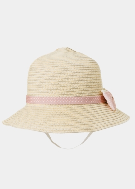 Beige Kids Straw Hat w/ Pink Bow