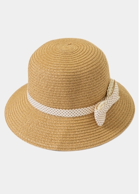 Brown Kids Straw Hat w/ Ecru Bow