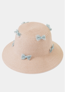 Pink Kids Straw Hat w/ Blue Bows