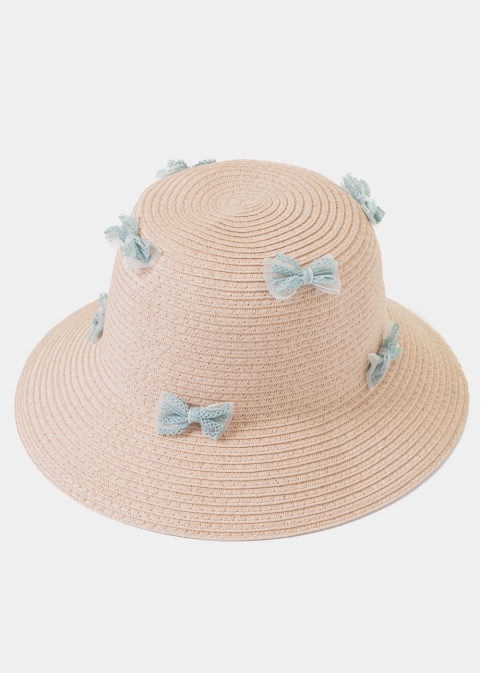Pink Kids Straw Hat w/ Blue Bows