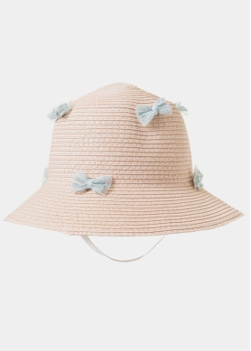 Pink Kids Straw Hat w/ Blue Bows
