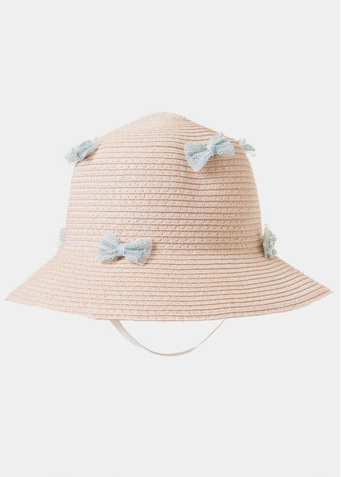 Pink Kids Straw Hat w/ Blue Bows
