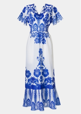 Blue Maxi Dress w/ Hibiscus Pattern