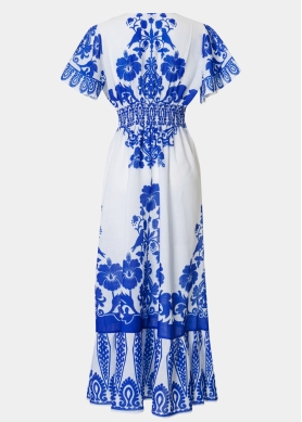 Blue Maxi Dress w/ Hibiscus Pattern