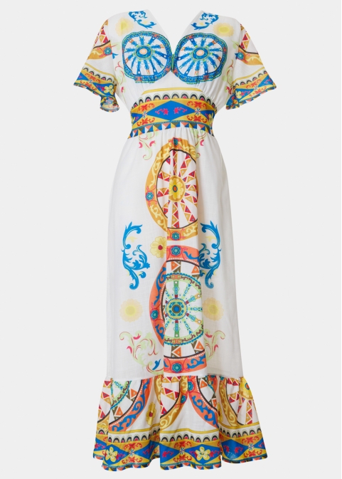 Colorful Maxi Dress w/ Blue Wheels Design