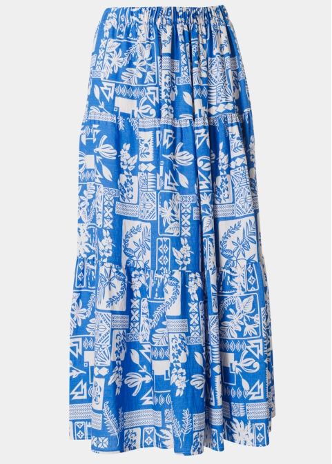 Blue Maxi Skirt w/ Leaves Pattern