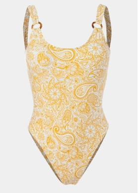 Crinkle Low Back One-Piece Swimwear - Yellow Paisley