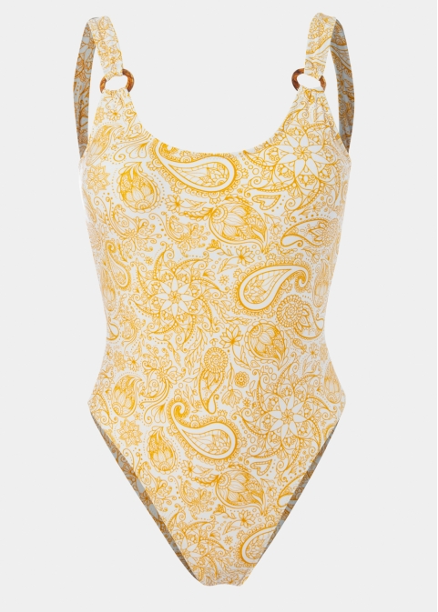 Crinkle Low Back One-Piece Swimwear - Yellow Paisley