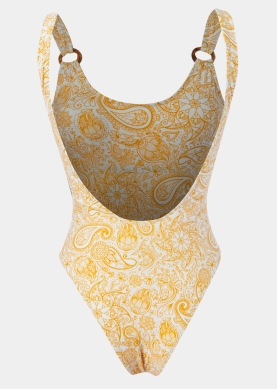 Crinkle Low Back One-Piece Swimwear - Yellow Paisley