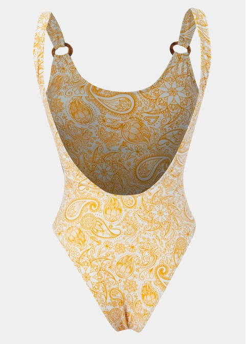 Crinkle Low Back One-Piece Swimwear - Yellow Paisley