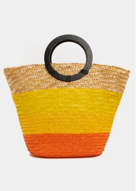 Yellow Natural Straw Beach Bag w/ Wooden Handles