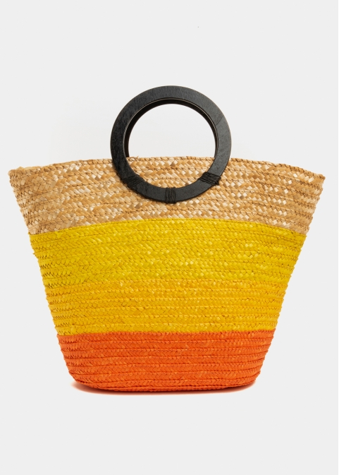 Yellow Natural Straw Beach Bag w/ Wooden Handles
