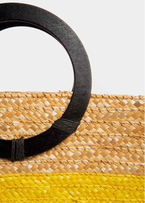 Yellow Natural Straw Beach Bag w/ Wooden Handles