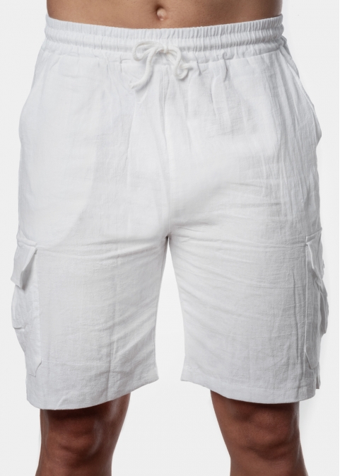White Cotton Cargo Shorts, Loose Fit