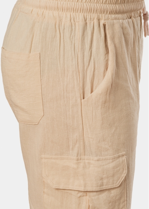 Beige Cotton Cargo Shorts, Loose Fit