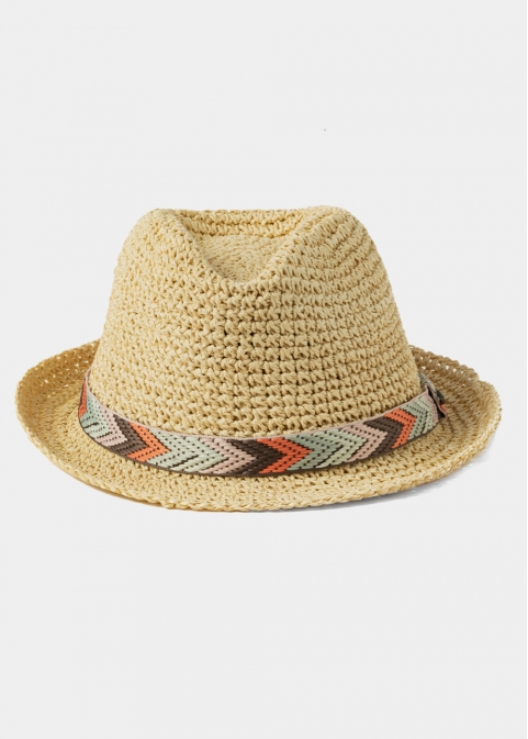 Beige Fedora Hat w/ multicolor hatband