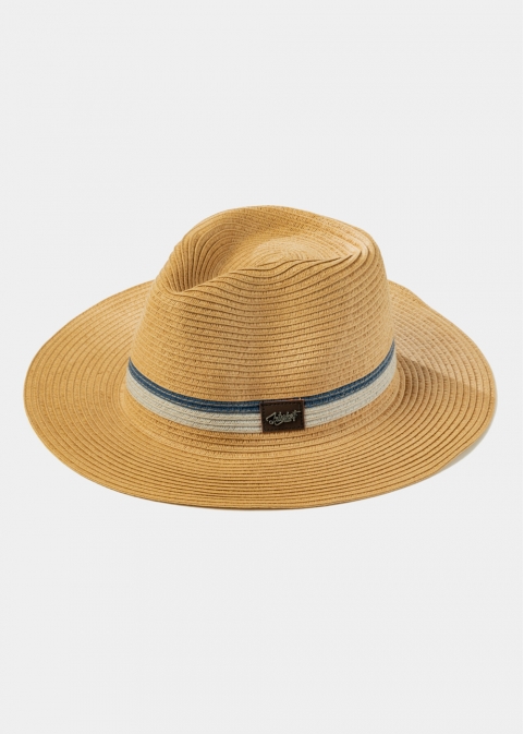 Brown Panama Style hat w/ coloured & leather details