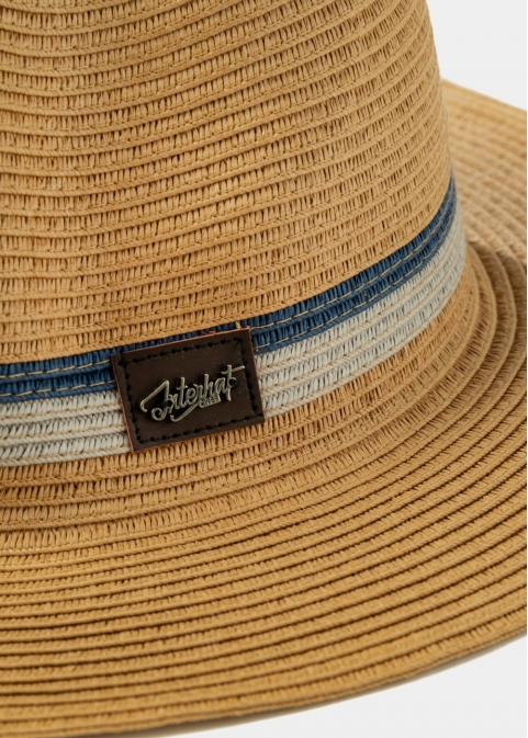 Brown Panama Style hat w/ coloured & leather details