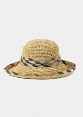 Beige Straw Hat w/ Grey & Red Foulard 