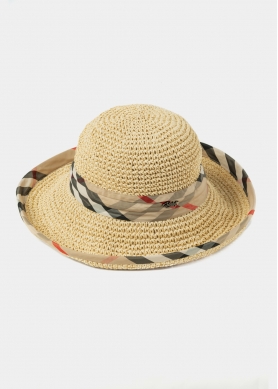 Beige Straw Hat w/ Grey & Red Foulard 