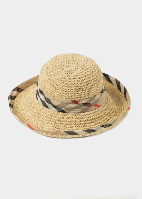 Beige Straw Hat w/ Grey & Red Foulard 