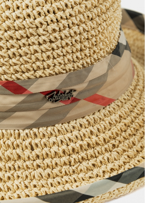 Beige Straw Hat w/ Grey & Red Foulard 