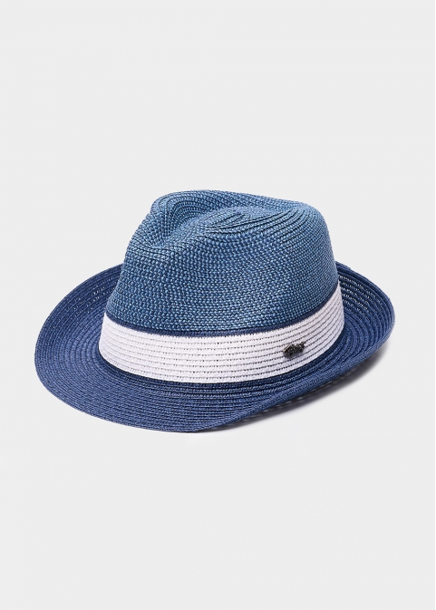 Blue fedora with white details