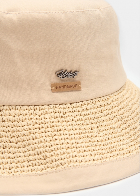 Beige Bucket Cotton & Straw Hat 