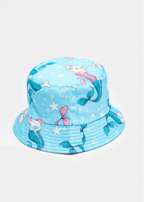 Kids Bucket Hat Double Face w/ Cat Mermaid Pattern