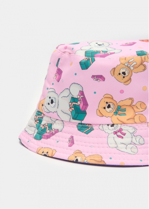 Kids Bucket Hat Double Face w/ Teddy Bear Patern