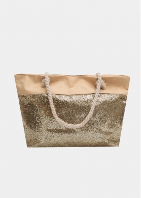 Beige beach bag with bronze sequins