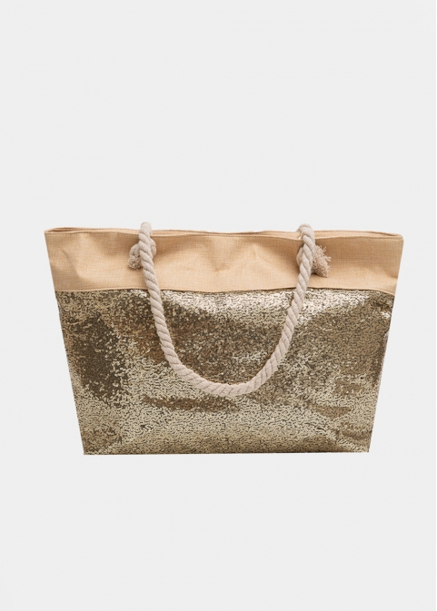 Beige beach bag with bronze sequins