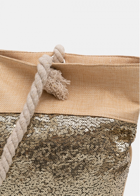 Beige beach bag with bronze sequins