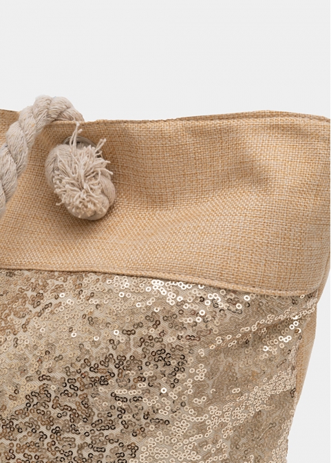 Beige beach bag with gold sequins