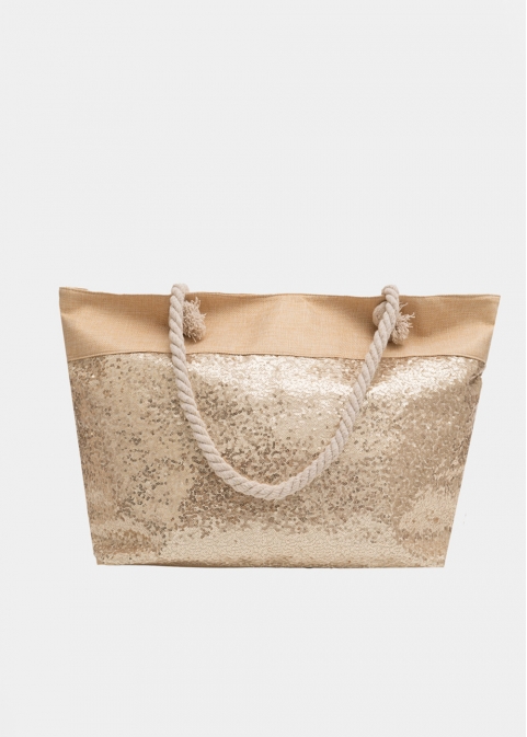 Beige beach bag with gold sequins