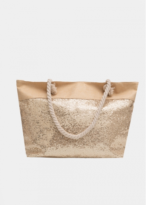 Beige beach bag with gold sequins