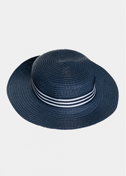 Blue kids hat with blue & white stripes 