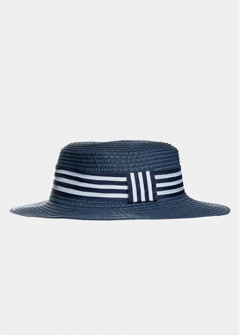 Blue kids hat with blue & white stripes 