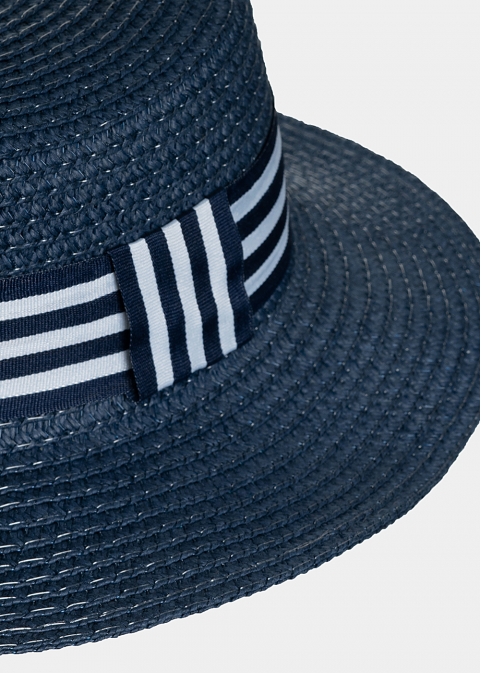 Blue kids hat with blue & white stripes 