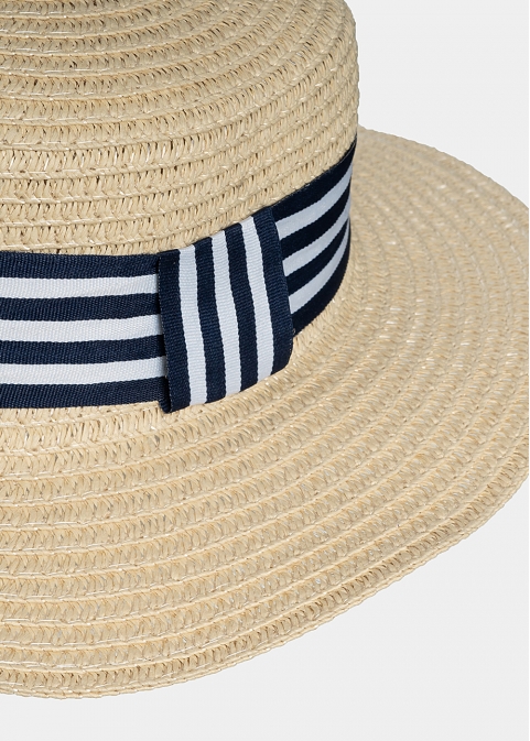 Ecru kids hat with blue & white stripes 