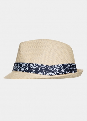 Beige fedora with blue detailed strap 