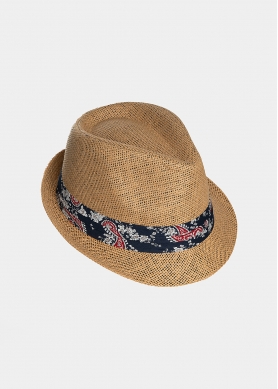 Brown fedora with paisley strap 