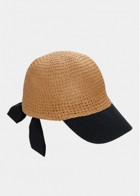 Brown jockey straw hat with black brim 