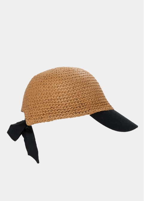 Brown jockey straw hat with black brim 